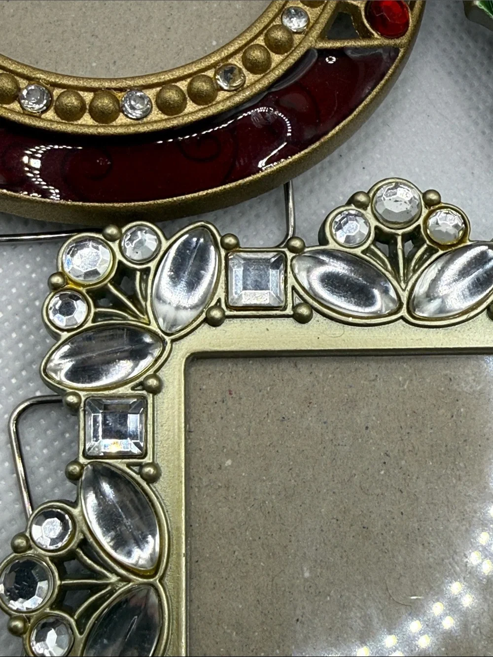 3 Holiday enamel & rhinestone mini photo picture frame wreath ornament bedazzled